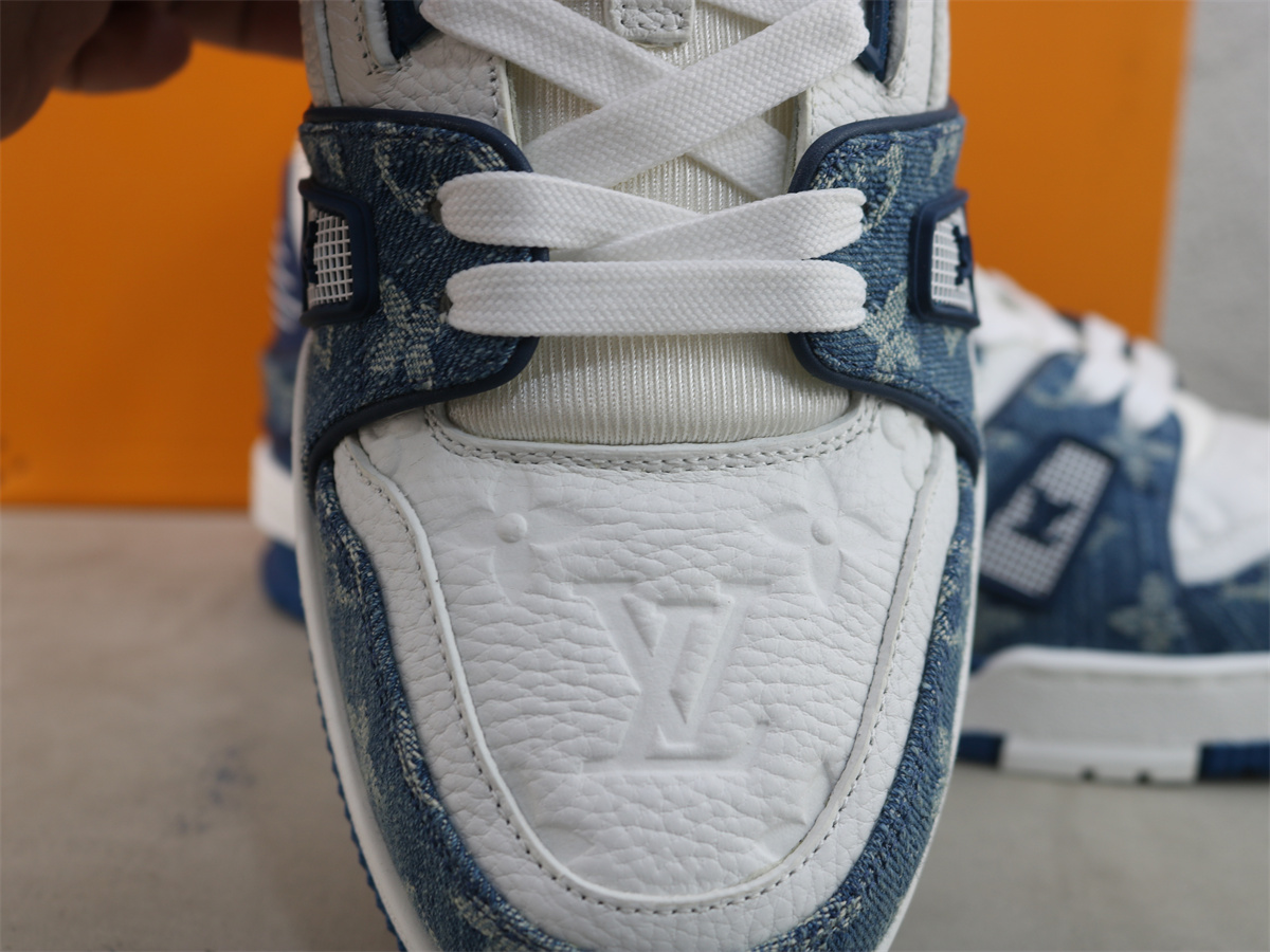 LV Trainer Sneaker White Blue Monogram denim